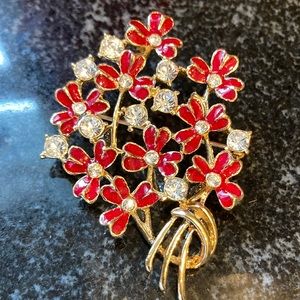 VINTAGE ENAMEL RED FLOWER BROACH BOUQUET